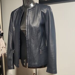 Elegant Navy Leather Jacket Sz L